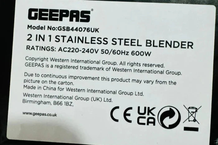 GEEPAS 2 in 1 Steel Blender 600W-44076