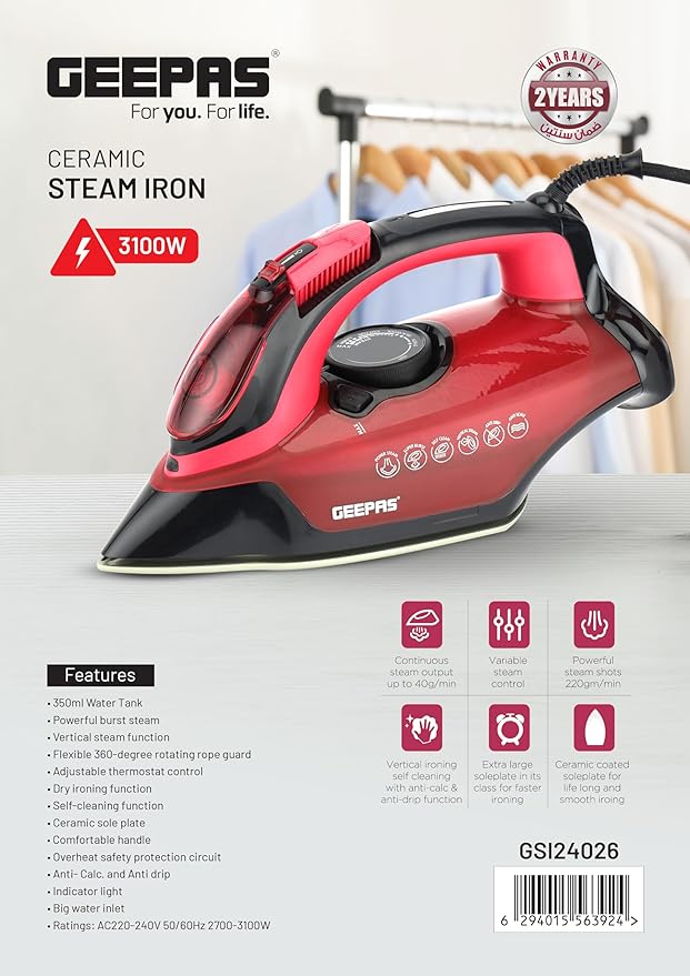 GEEPAS 3100W Ceramic Steam Iron-24026