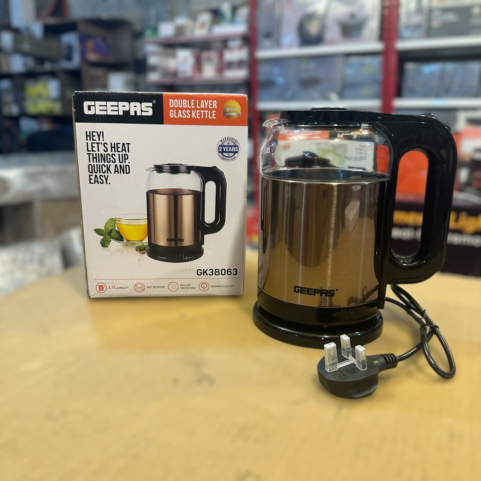 GEEPAS 1.7L Double Layer 1500W Glass Kettle-38063