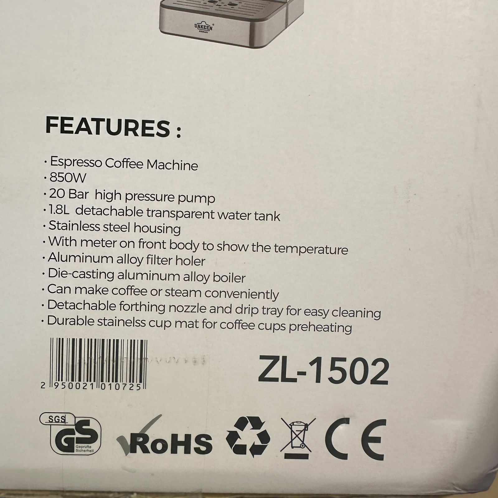 Uakeen Germany Espresso Coffee Machine ZL-1502
