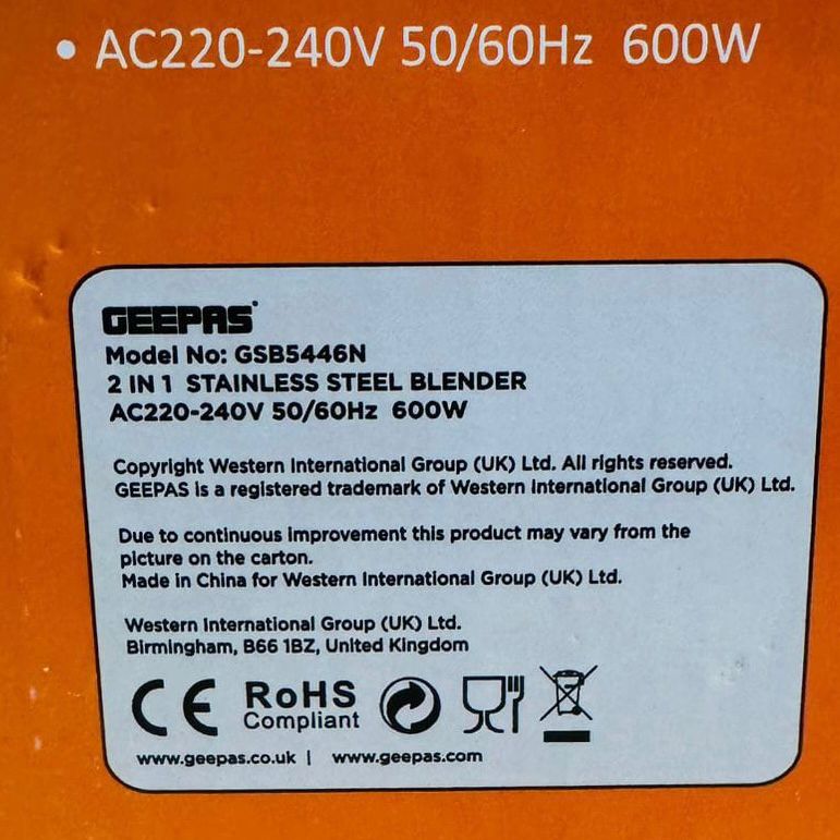 GEEPAS 600W 2 in 1 Stainless Steel Blender-5446